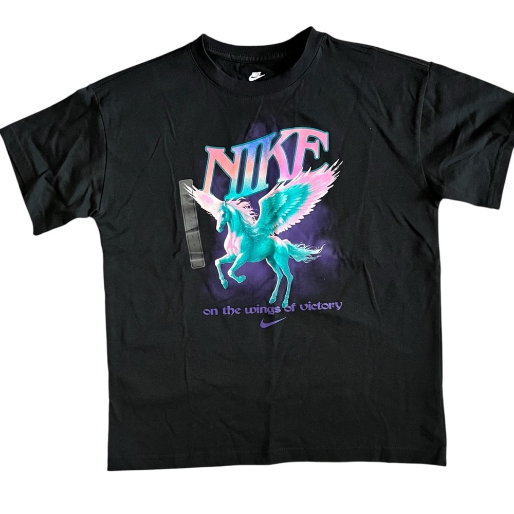 Nike Kids On The Wings of Victory Black Tee with Colorful Pegasus Graphic